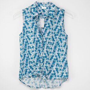 Ecru Sleeveless Top Floral Print Tank Top Button Front Blue White Size XS New